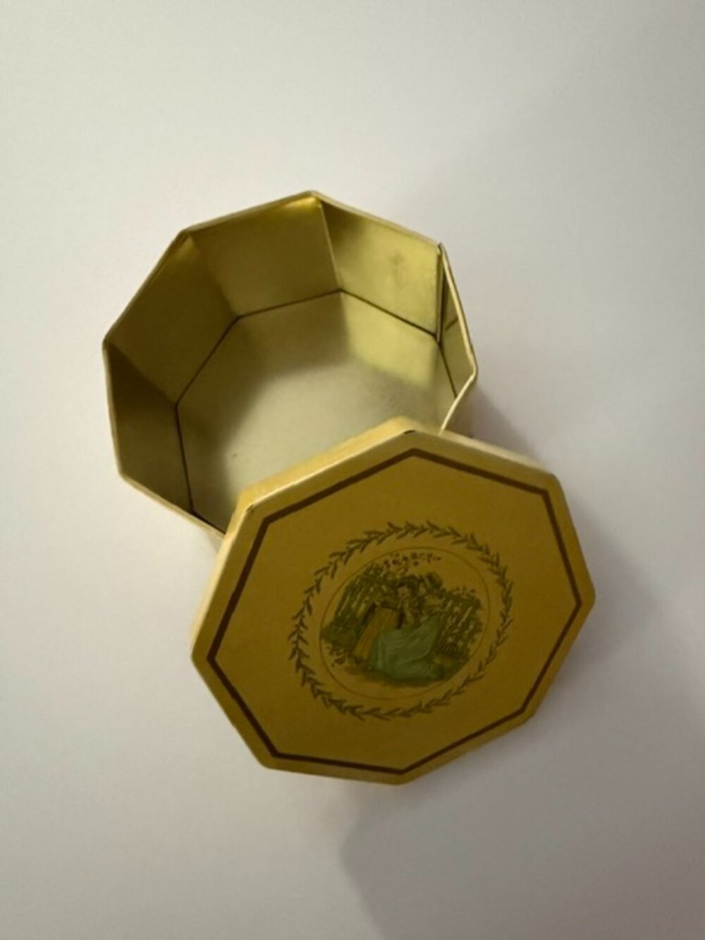 Vintage Kate Greenaway Collection Octagonal Metal Tin - Yellow Victorian Girls -